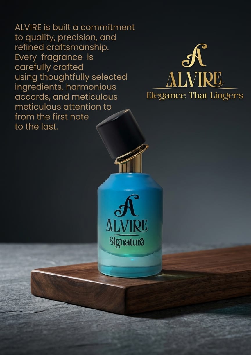 ALVIRE Signature perfume on a walnut stand against a dark background