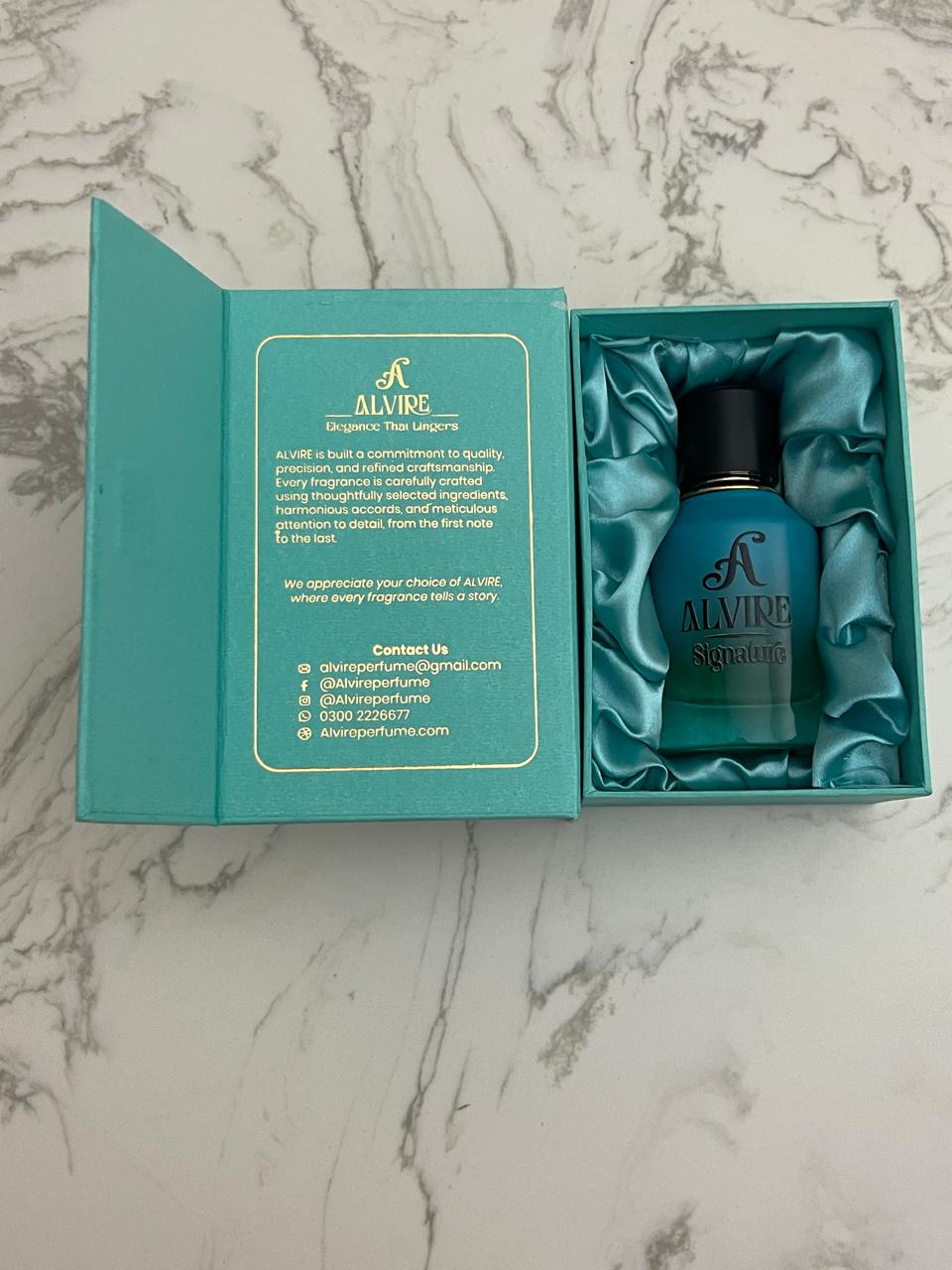 ALVIRE Signature inside its open teal gift case with satin lining