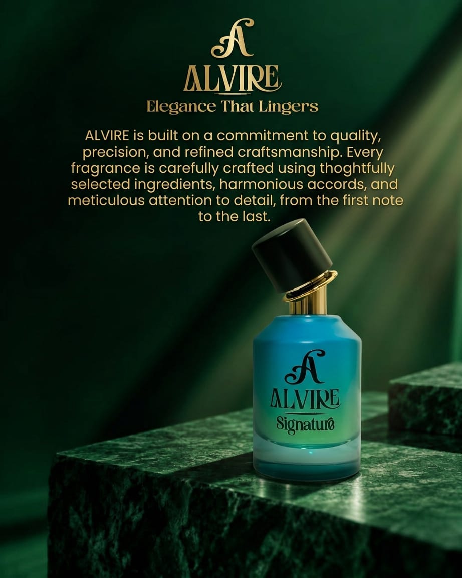 ALVIRE Signature perfume on green marble in soft light