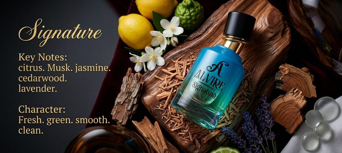 ALVIRE Signature key notes: citrus, musk, jasmine, cedarwood and lavender