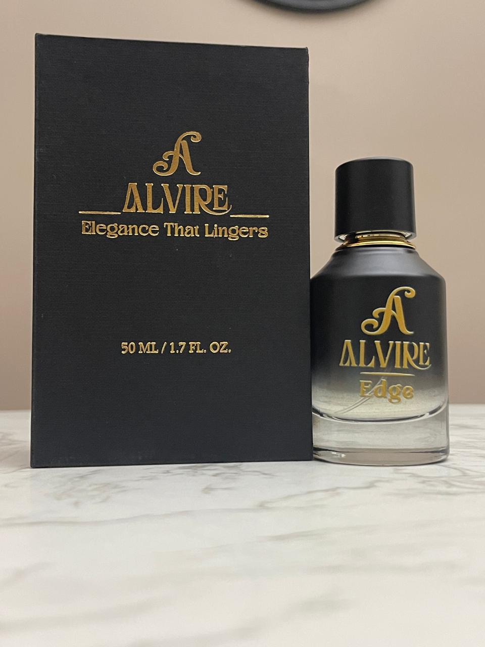 ALVIRE Edge bottle beside its black case, 50 ml / 1.7 fl. oz.