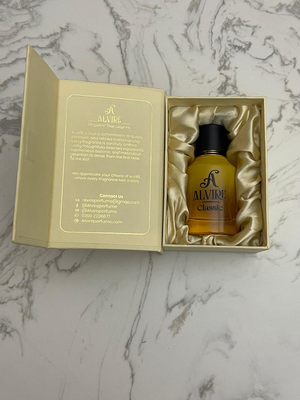 ALVIRE Classic bottle inside its open cream gift case with satin lining