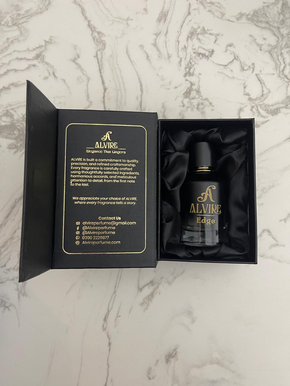 ALVIRE Edge inside its open black gift case with satin lining