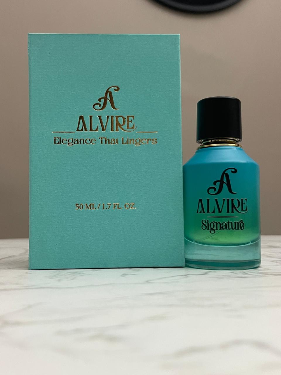 ALVIRE Signature bottle beside its teal presentation case