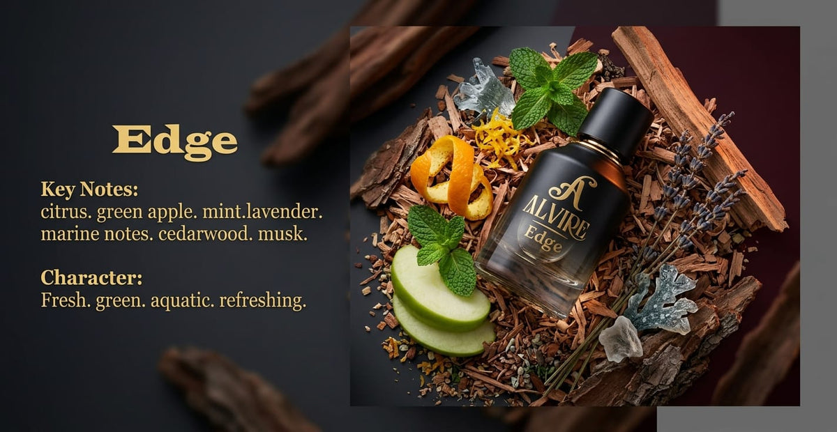 ALVIRE Edge key notes: citrus, green apple, mint, lavender, marine notes, cedarwood and musk