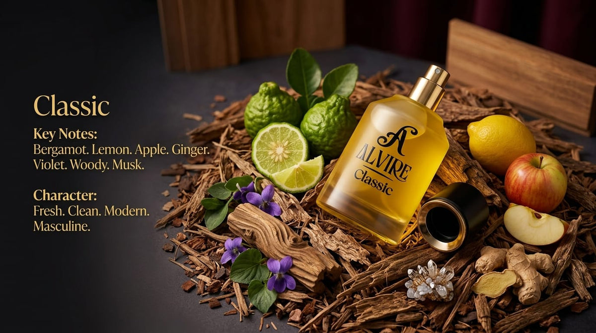 ALVIRE Classic key notes: bergamot, lemon, apple, ginger, violet, woody notes and musk